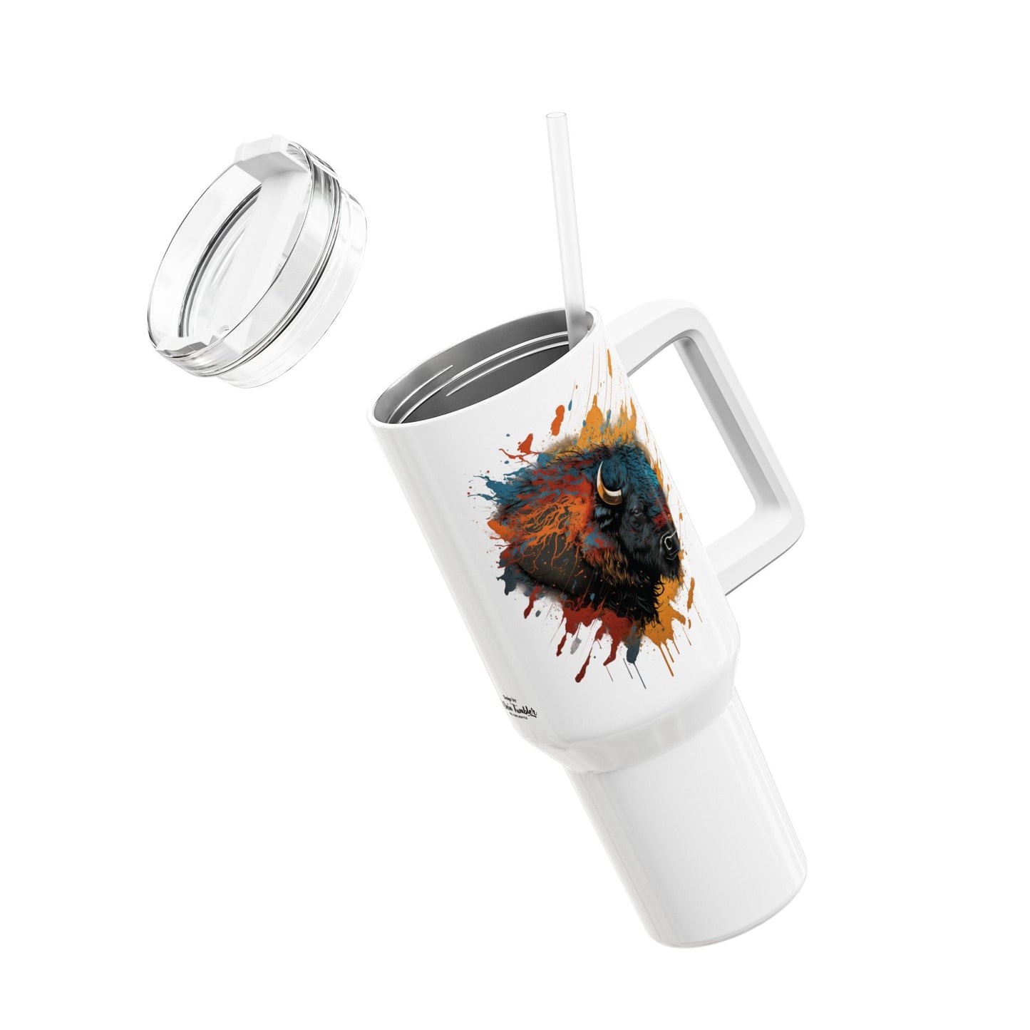 Tumbler-Becher, Edelstahl, Thermobecher, 1182 ml in weiß, Motiv: Bison-Splash