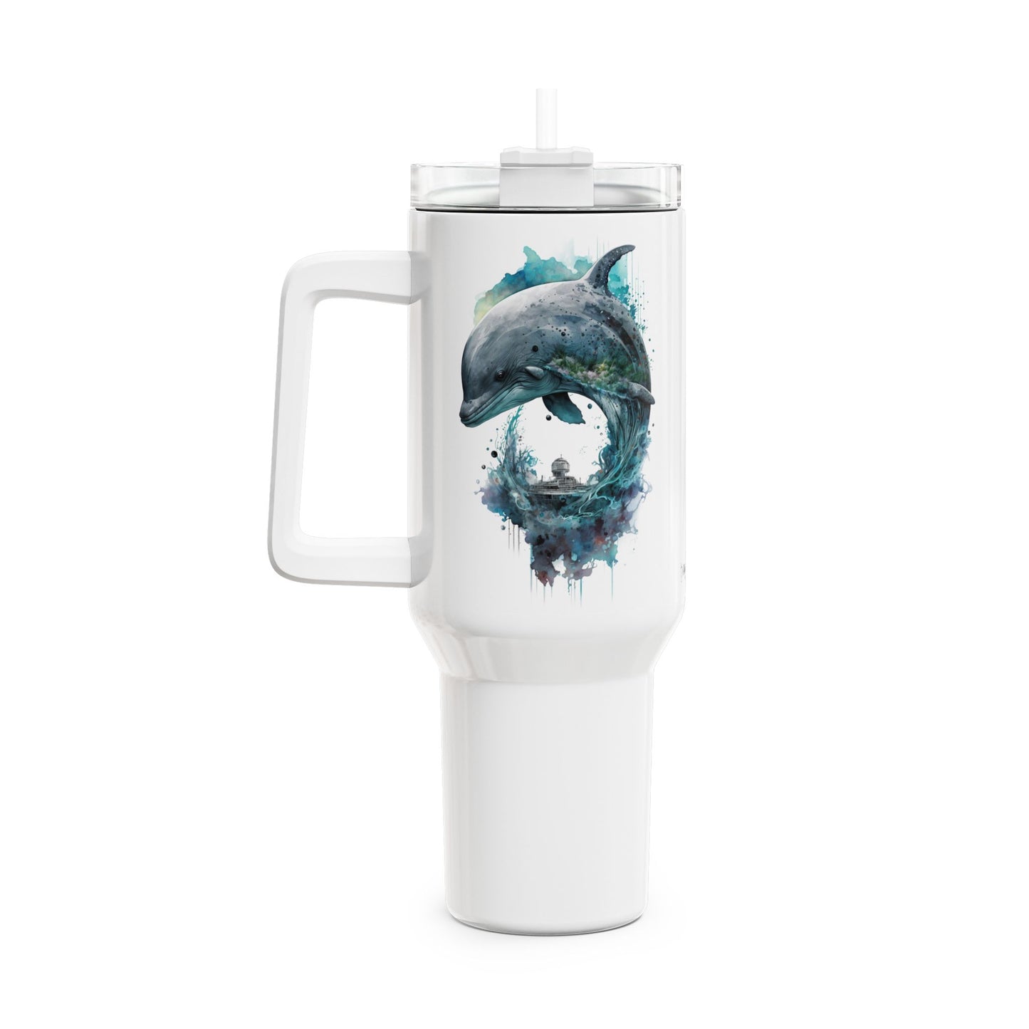 Tumbler-Becher, Edelstahl, Thermobecher, 1182 ml in weiß, Motiv: Delfin-Watercolor