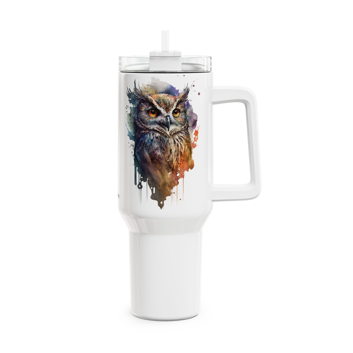 Tumbler-Becher, Edelstahl, Thermobecher, 1182 ml in weiß, Motiv: Eule-Watercolor