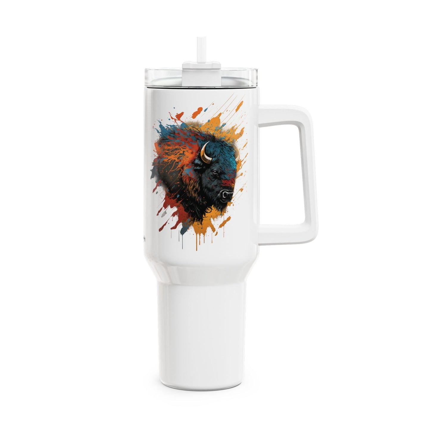 Tumbler-Becher, Edelstahl, Thermobecher, 1182 ml in weiß, Motiv: Bison-Splash