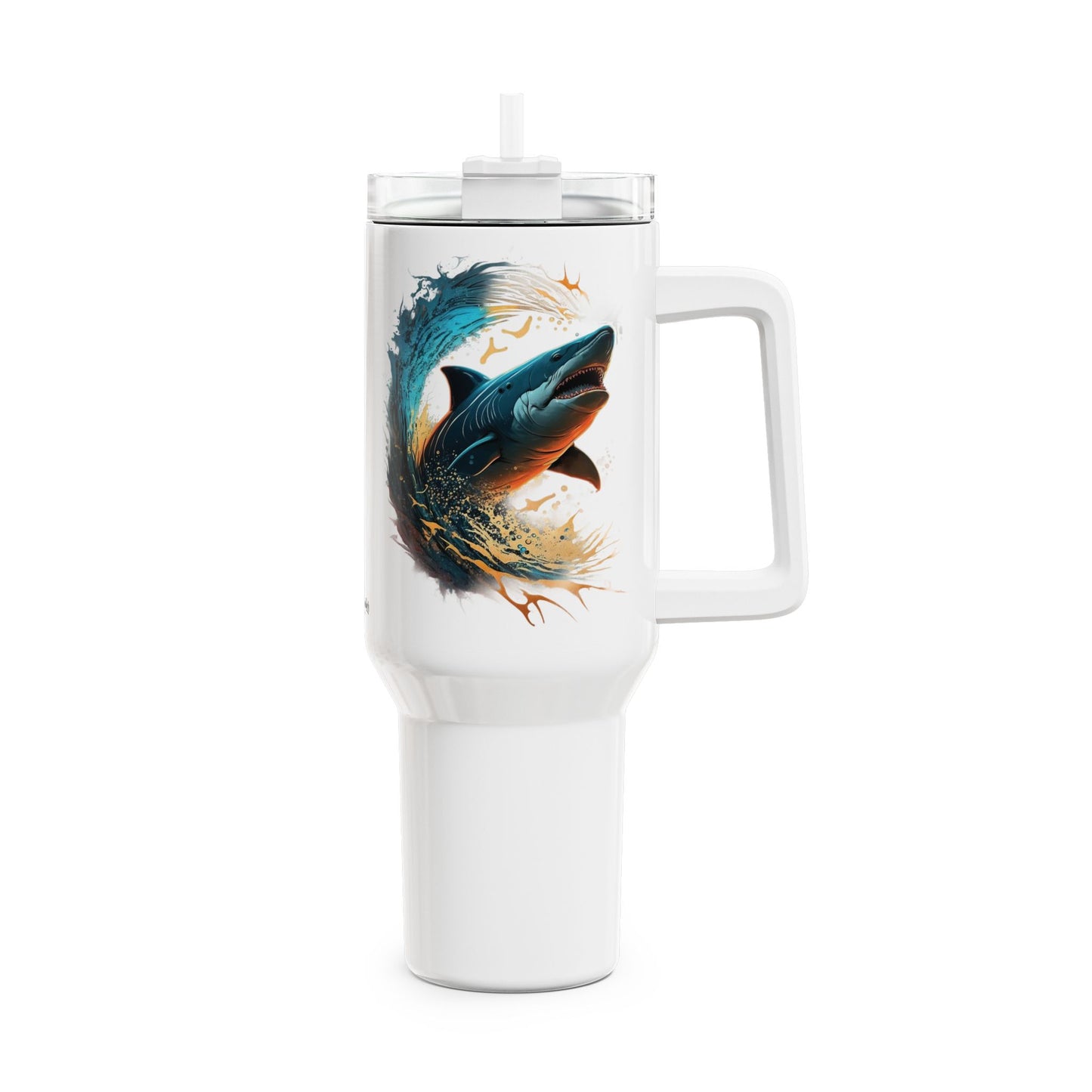 Tumbler-Becher, Edelstahl, Thermobecher, 1182 ml in weiß, Motiv: Hai-Splash