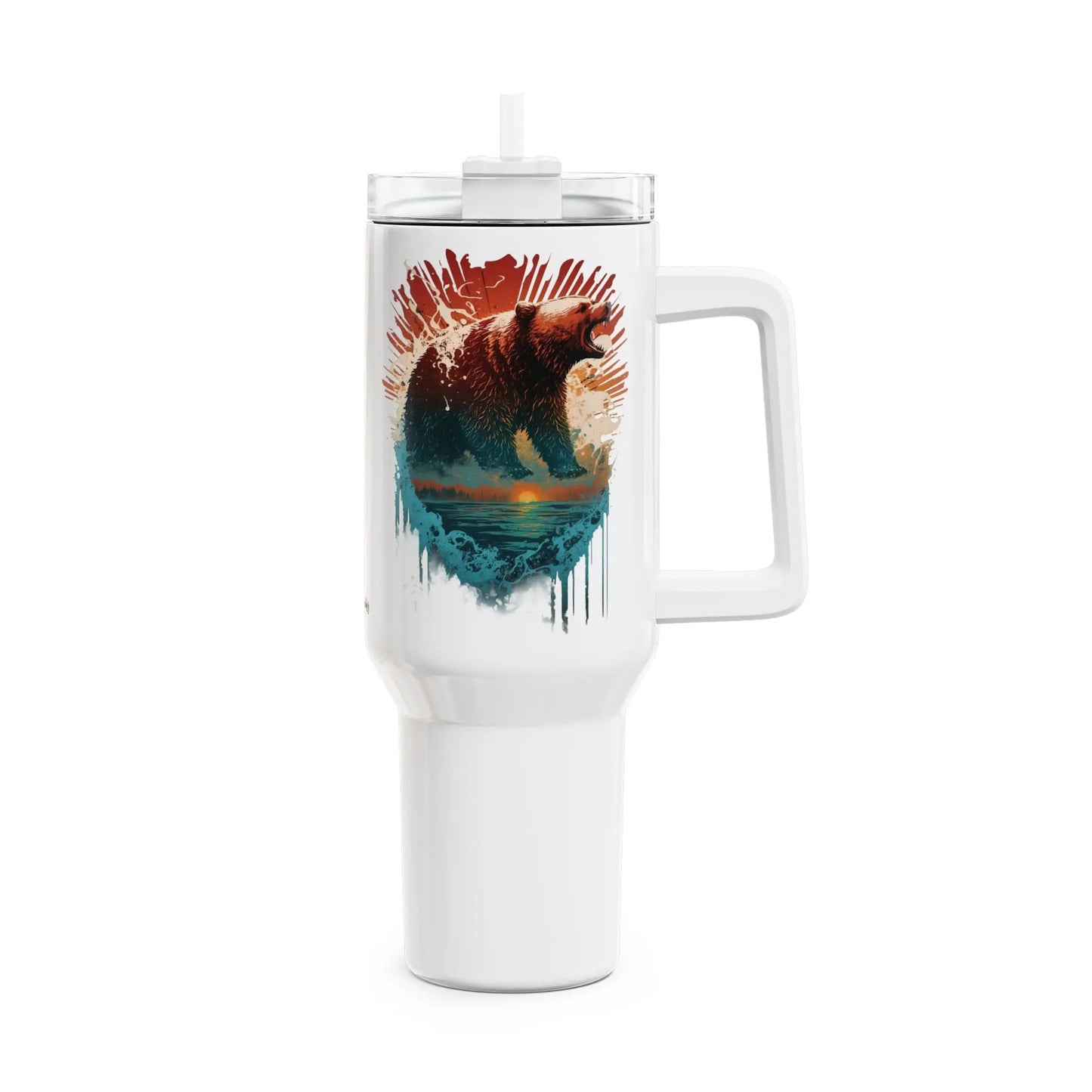 Tumbler-Becher, Edelstahl, Thermobecher, 1182 ml in weiß, Motiv: Bär-Splash Printify