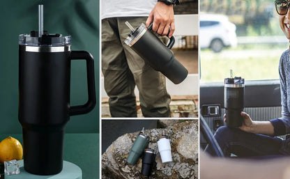 Tumbler-Becher Edelstahl Thermobecher mit Griff Deckel und Strohhalm Auslaufsicher 40oz 1200ml